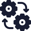 Black icon with three interconnected gears forming a triangle shape on a transparent background.